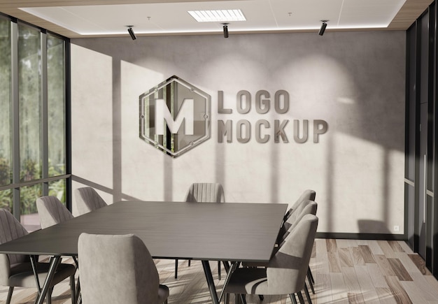 PSD logo on office wall with 3d metal effect mockup