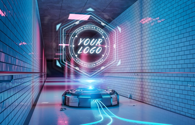 PSD logo projector in futuristic subway corridor mockup