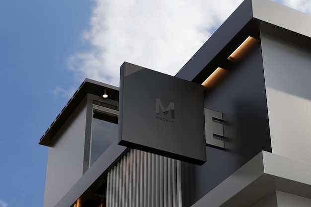 Logo sign mockup rectangle signage box on facade of office store building