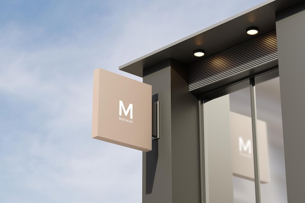 Logo sign mockup rectangle signage box on facade of office store building