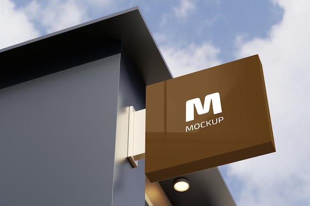 Logo sign mockup rectangle signage box on facade of office store building