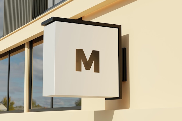 Logo sign mockup rectangle signage box on facade of office store building