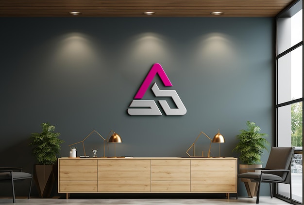 Logo and wall mockup on reception desk room psd