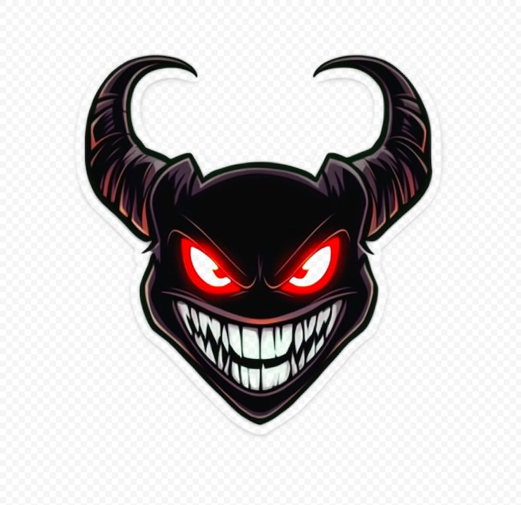 PSD logo wektorowej grafiki uśmiechniętego demona z świecącymi oczami na przezroczystym tle