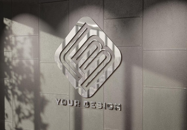 Logo with 3d glossy metal effect on sunlit wall mockup