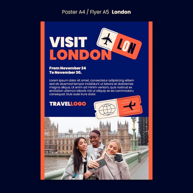 PSD modello di poster verticale di viaggio a londra