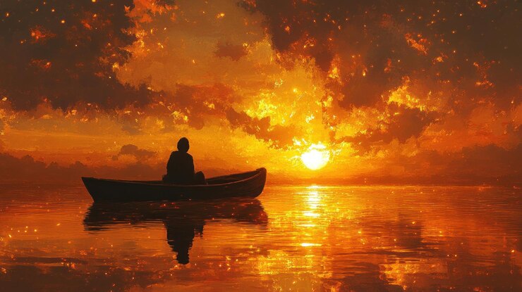 PSD a lone figure sits in a small boat on a tranquil lake gazing at the breathtaking sunset the sky is ablaze with vibrant hues of orange and red casting a warm glow on the water