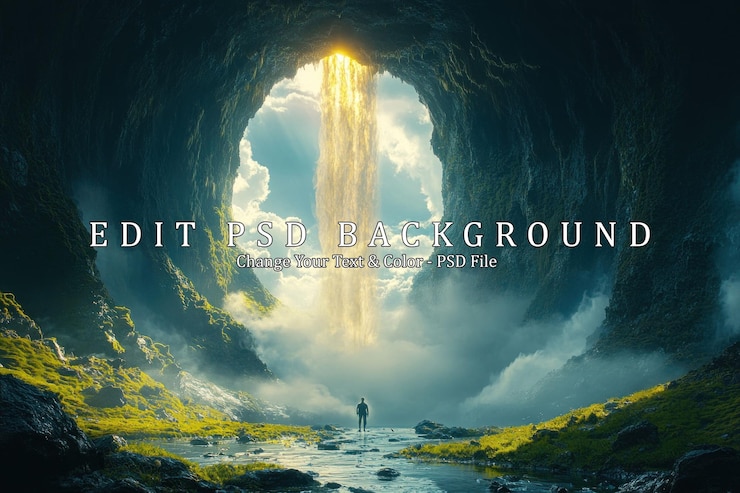 PSD a lone figure stands before a majestic waterfall visible through a cave opening bathed in ethereal sunlight