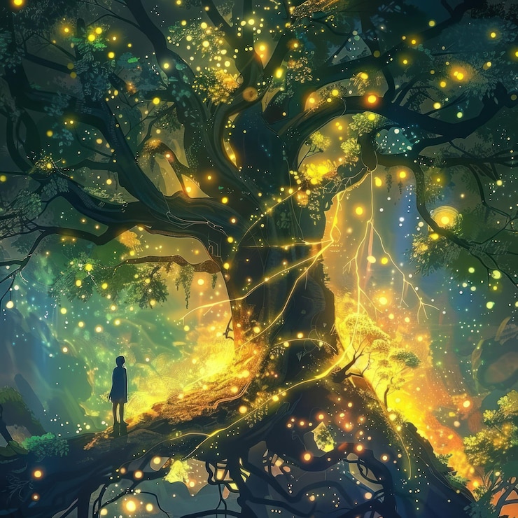 PSD a lone figure stands before a mystical glowing tree in a magical forest