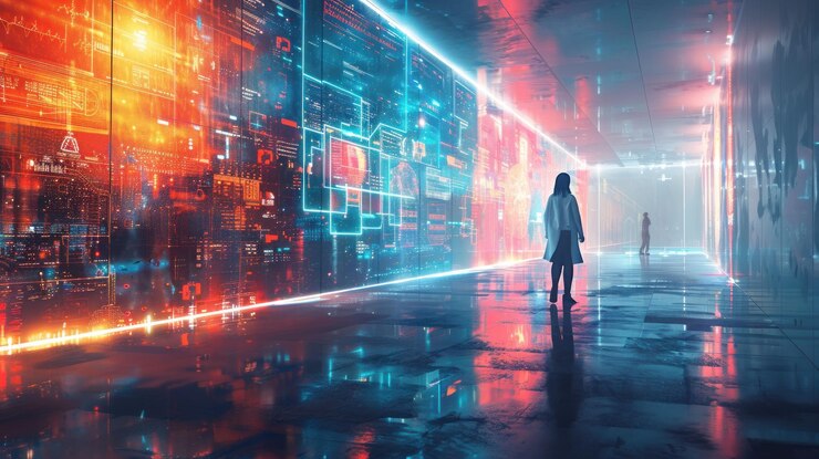 PSD a lone figure stands in a futuristic corridor with glowing digital displays creating a sense of mystery and anticipation