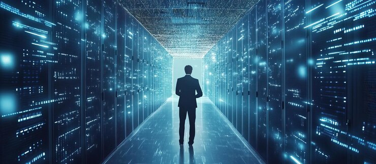 PSD a lone figure walks down a digital hallway of illuminated servers