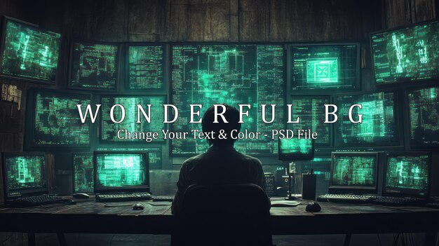 サイバーセキュリティとデータ分析の世界を強調する複雑なコードを表示するコンピュータモニターの壁の前に座っている孤独なハッカー