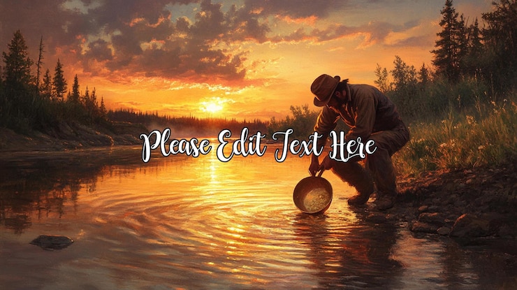 PSD a lone prospector panning for gold in a river at sunset