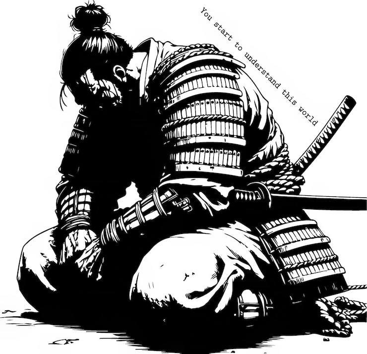 PSD lone samurai in thought resting black and white vector illustration
