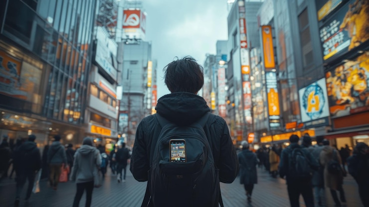 PSD a lone traveler with backpack stands amidst a bustling neonlit city street in japan looking towards a vibrant cityscape