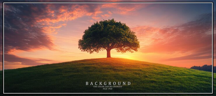 PSD a lone tree stands on a grassy hilltop bathed in the golden light of a vibrant sunset