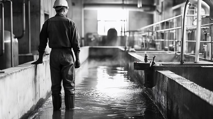 PSD a lone worker in protective gear stands in a large industrial water treatment facility
