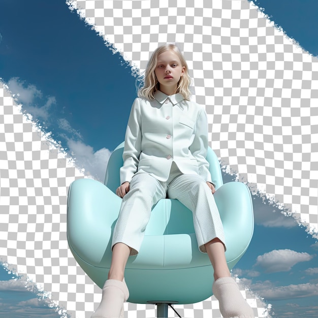 A lonely child girl with blonde hair from the slavic ethnicity dressed in digital marketer attire poses in a full length with a prop like a chair style against a pastel sky blue background