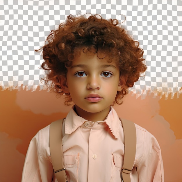 A lonely preschooler boy with curly hair from the uralic ethnicity dressed in artist attire poses in a looking over the shoulder style against a pastel apricot background
