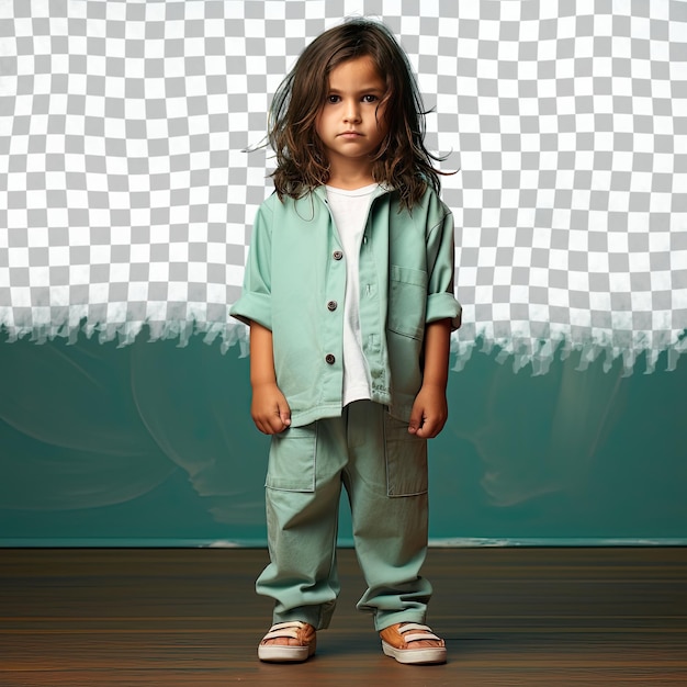 a lonely preschooler boy with long hair from the native american ethnicity dressed in microbiologist attire poses in a standing with one foot forward style against a pastel teal background