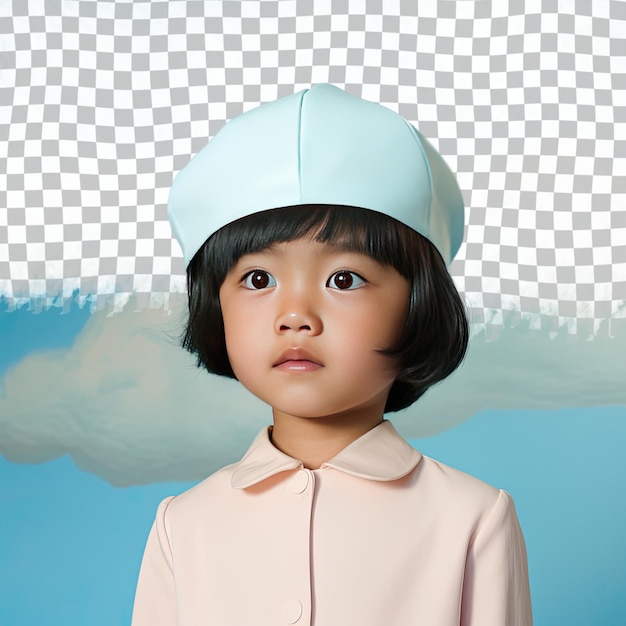 PSD a lonely preschooler girl with short hair from the pacific islander ethnicity dressed in massage therapist attire poses in a gaze through a prop like a hat style against a pastel sky blue ba