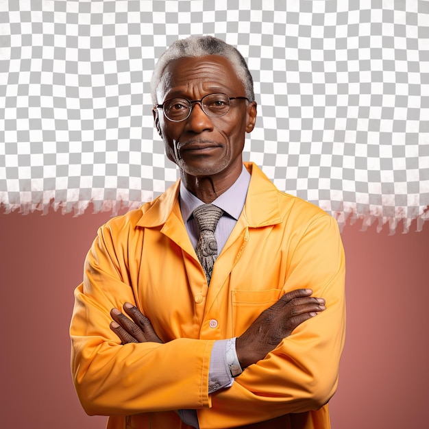 PSD a lonely senior man with blonde hair from the african american ethnicity dressed in geneticist attire poses in a crossed arms confidence style against a pastel tangerine background