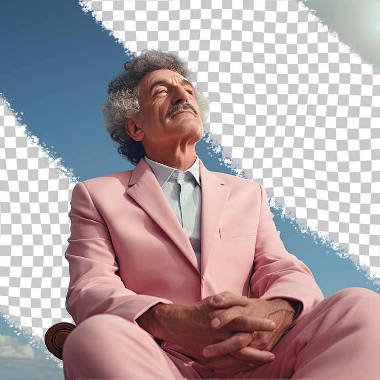 PSD a lonely senior man with curly hair from the middle eastern ethnicity dressed in nanny attire poses in a seated with head resting on hand style against a pastel sky blue background