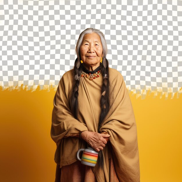 PSD a lonely senior woman with long hair from the mongolic ethnicity dressed in creating pottery attire poses in a standing with tilted hips style against a pastel yellow background