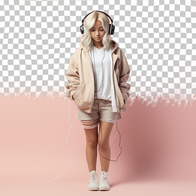 PSD a lonely toddle girl with blonde hair from the east asian ethnicity dressed in listening to music albums attire poses in a standing with one foot forward style against a pastel beige backgr