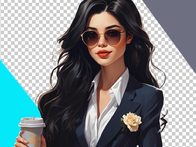 PSD a long black hair woman hold a coffee cup