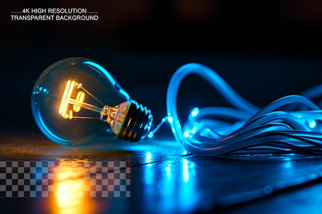 A long blue wire particles and a small glowing light on transparent background