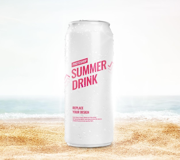 Long can mockup realistic on beach