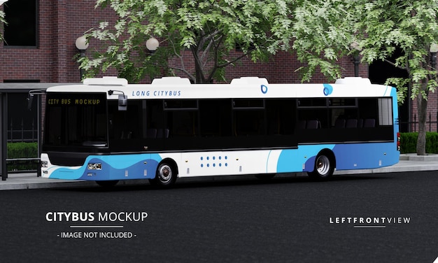 PSD long city bus mockup op de straat links vooraanzicht