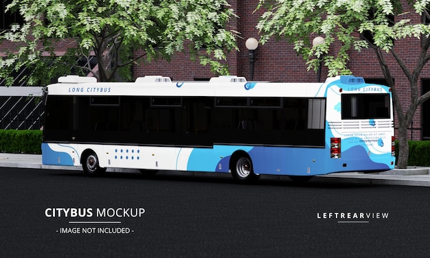 PSD long city bus mockup on the street left rear view