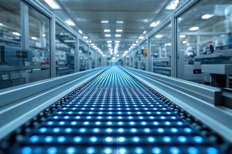 PSD a long empty conveyor belt with blue lights runs down the center of a modern factory with glass walls and fluorescent lights