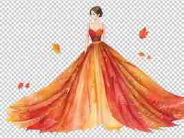 PSD long evening dress made autumn leaves watercolor illustration of fashion and clothes autumn fall concept