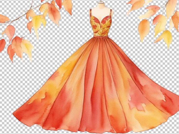 PSD 秋の葉で作られた長い夕方のドレス ファッションと服の水彩イラスト 秋の秋のコンセプト