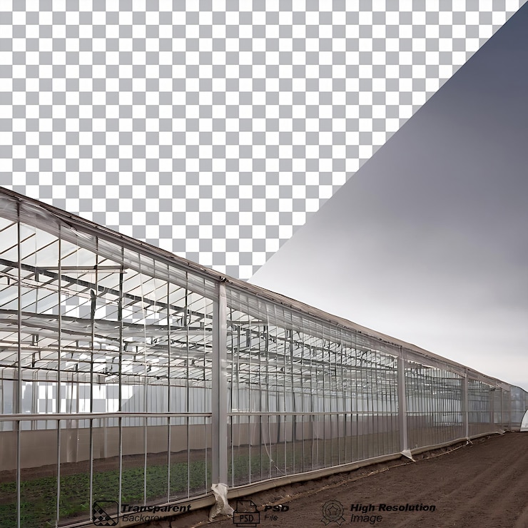 PSD a long indoor greenhouse with young plants isolated