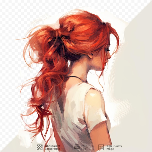 Long messy ponytail of red hair on a transparent background