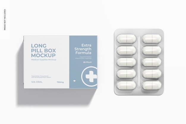 PSD long pills box mockup top view