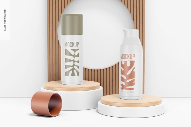 long pump bottles with wooden background mockup, opened and closed