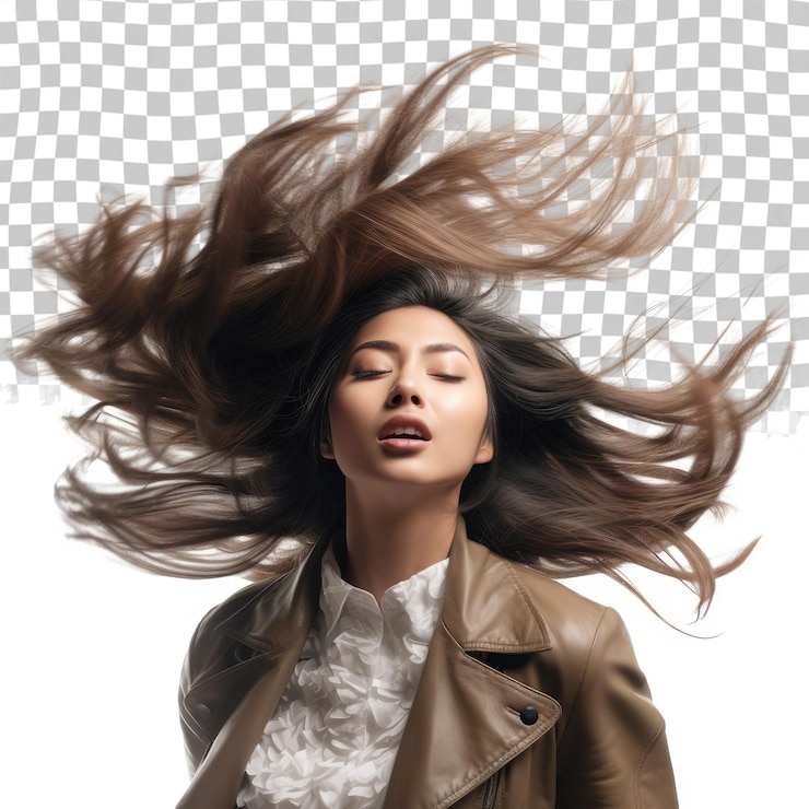 PSD ロングストレート・ウィッグ・ヘア・スタイル フライ・フォール・エクスプロージャー ブラウン・ウーマン・ウィッグのヘアが空中に浮かび上がる ストレイト・ブラウン・ウィッグのヘアを風に吹き飛ばす 透明な背景を投げる 隔離された高速凍結運動