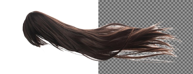 PSD long straight wig hair style fly fall explosion brown woman wig hair float in mid air straight brown wig hair wind blow cloud throw white background isolated high speed freeze motion