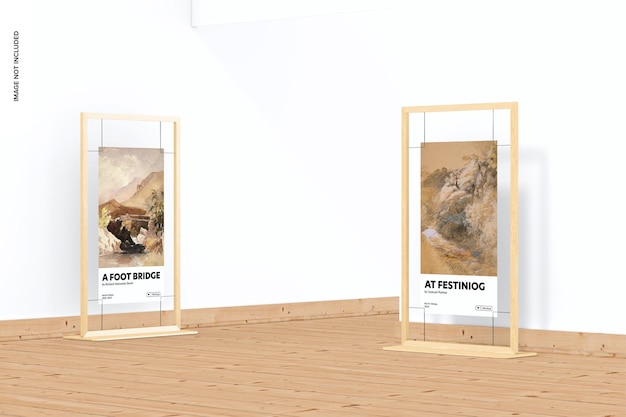 Mockup di esposizione di manifesti di galleria di legno lungo 02