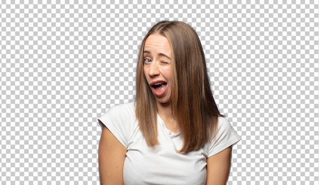 looking happy and friendly smiling and winking an eye at you with a positive attitude
