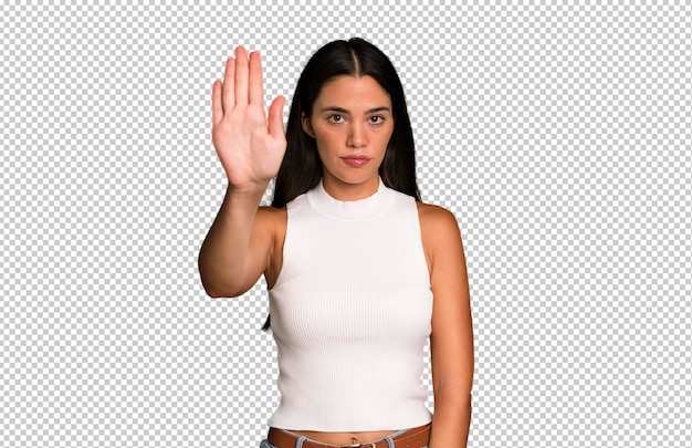 looking serious stern displeased and angry showing open palm making stop gesture