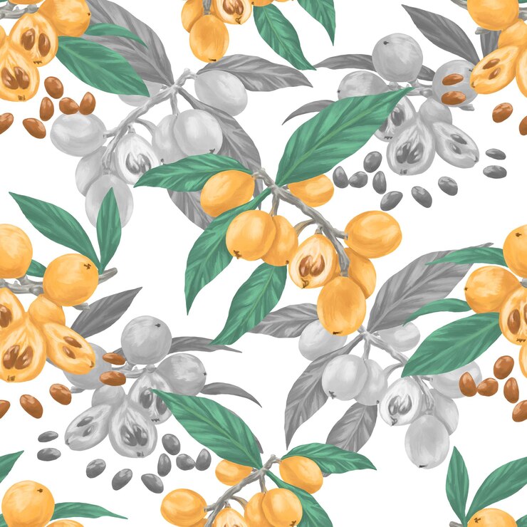 PSD loquat fruit a pattern of yellow flowers and leaves with a green leaves and yellow flowers