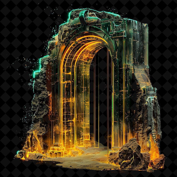 PSD lost city gate with ancient architecture and hidden treasure png y2k shape neon color collection