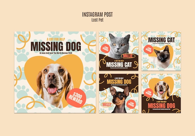 PSD template di post su instagram di animali domestici persi