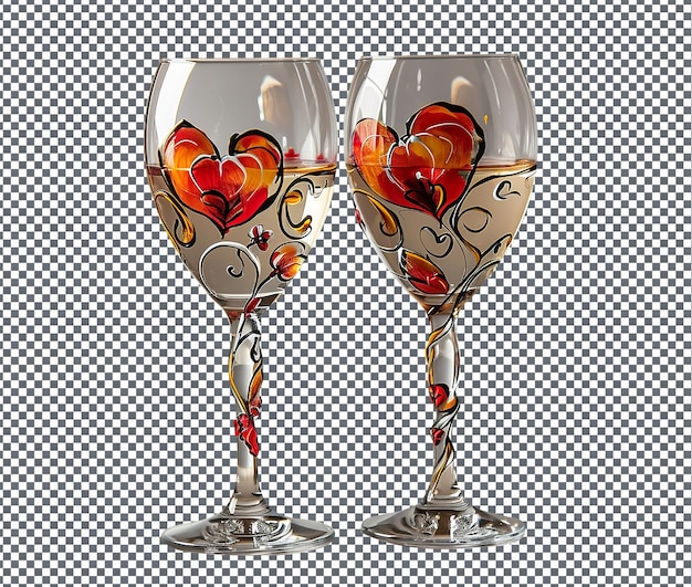 PSD lovable hand painted love themed wine glasses isolated on transparent background